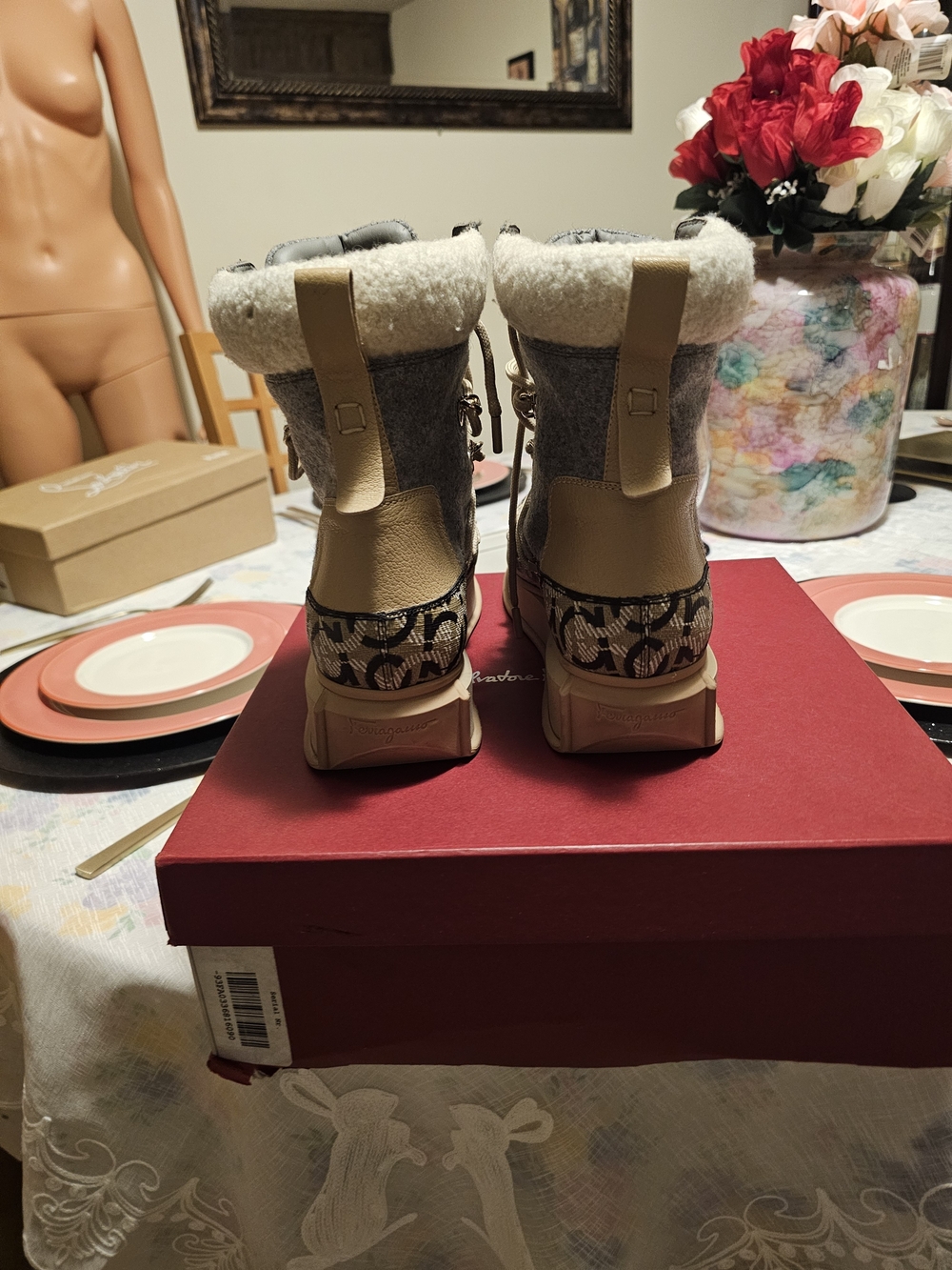 Salvatore Ferragamo Women Beige, Gray and Black Logo Shearling-Trim Winter Boots